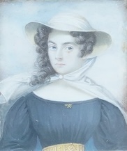 Late Regency School, Portrait miniature of a young lady wearing a bonnet, watercolour on ivory, framed, 7 x 5.5cm CITES Submission reference QG97UYFF